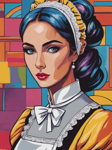 Pop Art style beautiful woman, (victorian maid), <lora:xl_victorian_maid_dress-1.0:0.8> . Bright colors, bold outlines, popular culture themes, ironic or kitsch