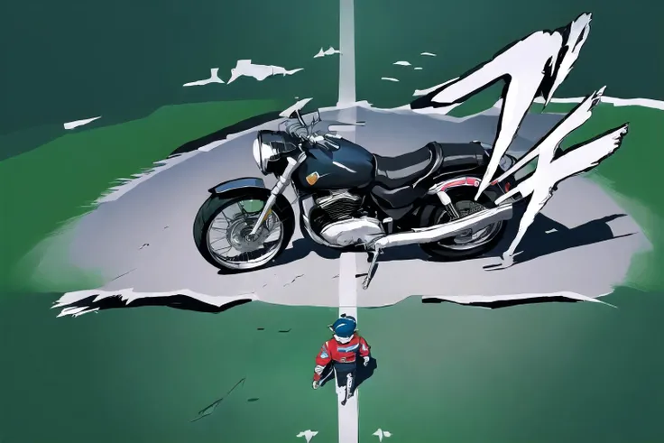 High Quality, Masterpiece, incrsperscutin, <lora:PersonaCutInV2:1>, akiraposter, from above, from behind, walking, ground vehicle, motorcycle, <lora:Pos_AkiraPoster:1>, simple background,