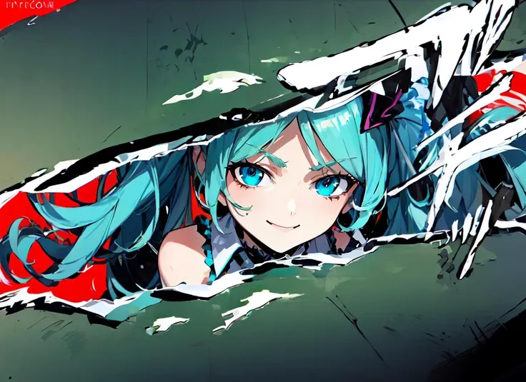 ((best quality)), ((highly detailed)), masterpiece, absurdres, extremely detailed face, beautiful face, (detailed eyes, deep eyes), (1girl), dynamic pose, upper body, Hatsune Miku, aqua hair, ((very long hair)), twintails, hair ornament, aqua eyes, blue nail polish, smiling, white shirt, collared shirt, sleeveless shirt, bare shoulders, detached sleeves, (black sleeves), wide sleeves, aqua necktie, miniskirt, thighhighs, zettai ryouiki, (outside, at a floating island, morning, sunrise), <lora:PersonaCutInV2:1>, IncrsPersCutIn, simple background