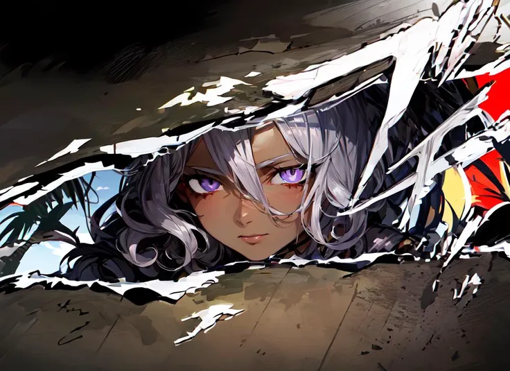 ((best quality)), ((highly detailed)), masterpiece, absurdres, (detailed eyes, deep eyes), (1girl), cowboy shot, ((wide shot)), <lora:hairdetailer:.5>, ((dark skin, dark-skinned female, ebony)):1.2, silver hair, (very curly hair), purple eyes, (outside, at a tropical island, palm trees, afternoon), <lora:PersonaCutInV2:1>, IncrsPersCutIn, simple background