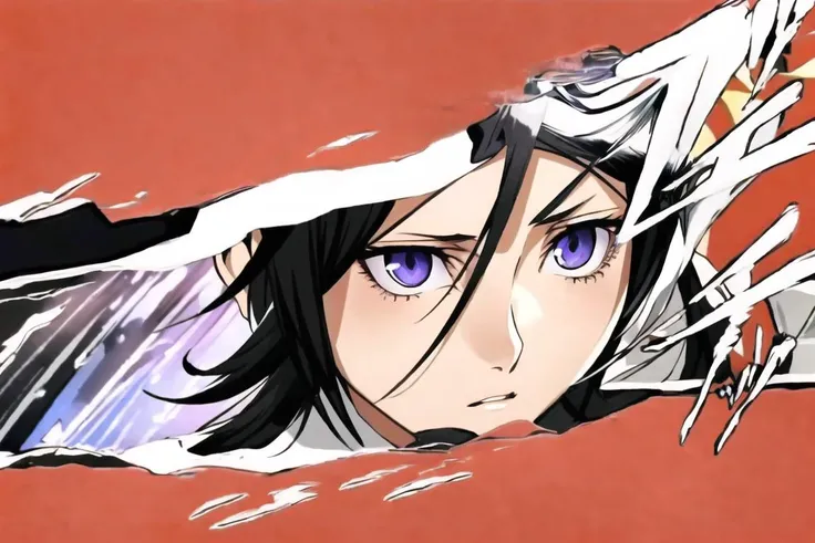 ((best quality)), ((highly detailed)), masterpiece, (detailed eyes, deep eyes), (1girl), <lora:bleachRukia_v10:.8>, kuchiki rukia, short hair, black hair, purple eyes, small breasts, <lora:PersonaCutIn:.9>, Persona Cut In