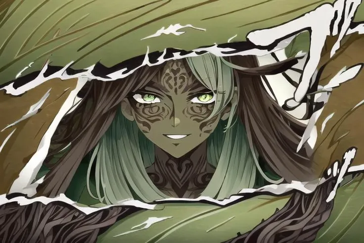 ((best quality)), ((highly detailed)), masterpiece, detailed face, beautiful face, (detailed eyes, deep eyes), (1girl), (dryad), (((moss_hair:1.6, green hair, <lora:conceptColoredInner_v10:1>, Mahogany colored inner hair, leaves in hair))), (((dark brown skin:1.5))), plant girl, (serene smile), green eyes, tall woman, ((intricate tattoos:1.4)), (green tattoos), (rune tattoos), nature, ((leaf skirt, clothes made of plants:1.4)), medium breasts, mushrooms, <lora:RootsBranchesAIv5:.8>, RootsBranchesAI clothes, <lora:PersonaCutIn:.8>, Persona Cut In