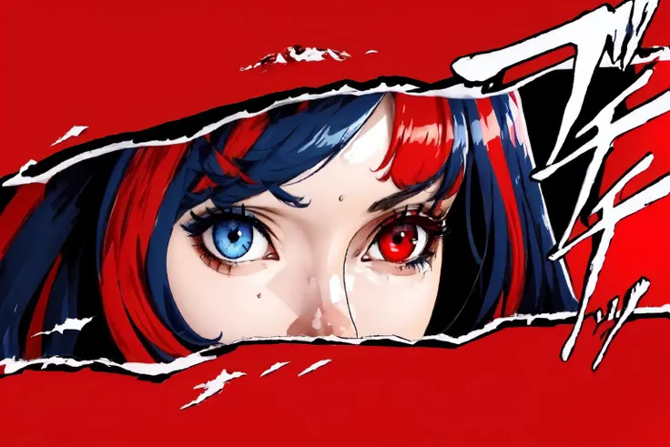 Highly detailed, High Quality, Masterpiece, beautiful, Persona Cut In, <lora:PersonaCutIn-06:1>, 1girl, solo, Alear_F, red eyes, blue eyes, red hair, blue hair, straight hair, long hair, heterochromia <lora:Char_FireEmblem_Alear:1>