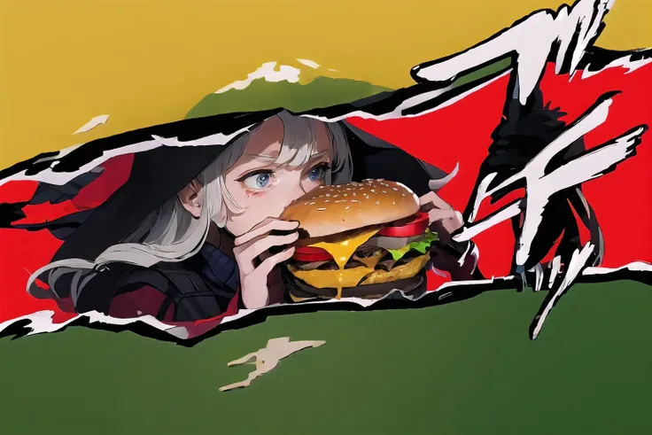 High Quality, Masterpiece, incrsperscutin, <lora:PersonaCutInV2:1>, two-handed burger, eating, burger, holding huge burger with both hands, close-up, <lora:Pos_EatingHugeHamburger:0.6>, simple background,