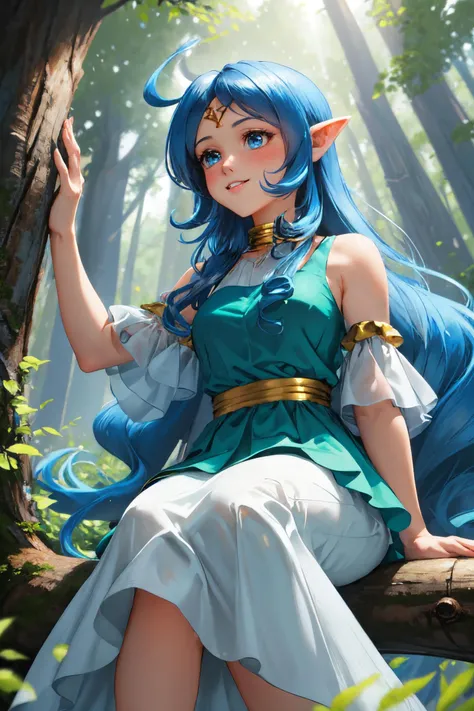 masterpiece, best quality, absurdres, sitting on tree branch, from below, 1girl, nayru, multi layered dress, long dress, light blue hair, cute, light blush, light smile, ahoge, <lora:nayru:1> forest, sunlight