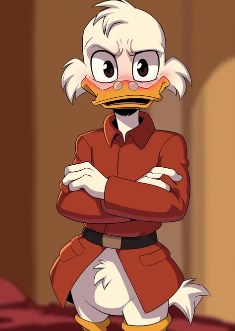 <lora:Scrooge McDuck V1.4:0.65> (ducktales:1.2) (kyurisawa:1) (chelodoy:1.2) (ashraely:0.7) (scrooge mcduck:1.2) (duck) (male) (white skin, white hair) (looking at viewer:1.2) (pince-nez:1.2) (blush, embarrassed:1.2) (standing) (red coat:1.2) (crossed arms) (featureless crotch, bottomless) (beak:1) (bedroom eyes) (black eyes) (scut tail) (clothed, clothing) (solo:1.2) (bedroom:1) (bald:1.1)