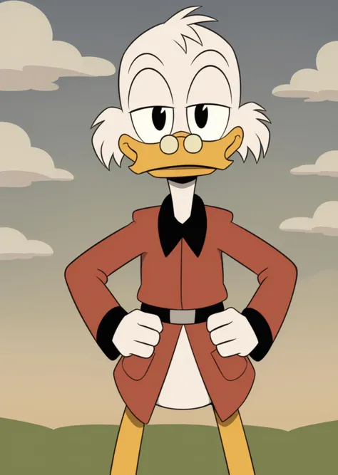 <lora:Scrooge McDuck V1.6:0.55> (ducktales:1.2) (kyurisawa:1) (chelodoy:1.2) (ashraely:0.7) (scrooge mcduck:1.2) (duck) (male) (white skin, white hair) (looking at viewer) (smile) (pince-nez:1.2) (standing) (red coat:1.2) (thumbs up, hand on hip) (featureless crotch, bottomless) (beak:1) (bedroom eyes) (black eyes) (scut tail) (clothed, clothing) (solo:1.2) (bedroom:1) (bald:1.1) (outside, sky, cloud, grass:1.2)