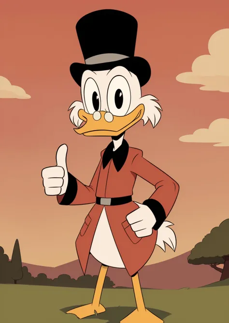 <lora:Scrooge McDuck V1.6:0.55> (ducktales:1.2) (kyurisawa:1) (chelodoy:1.2) (ashraely:0.7) (scrooge mcduck:1.2) (duck) (male) (white skin, white hair) (looking at viewer) (top hat:1.1) (smile) (pince-nez:1.2) (standing) (red coat:1.2) (thumbs up:1.2) (featureless crotch, bottomless) (beak:1) (wide eyed) (black eyes) (scut tail) (clothed, clothing) (solo:1.2) (bedroom:1) (bald:1.1) (outside, sky, cloud, grass:1.2)
