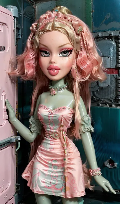 <lora:BratzV1:0.8> <lora:AlinaV1:0.3> a 1970s girl with big detailed eyes and big lips and long big pink coral dreadlocks , in retro print green dress , pale skin , in a dusty basement with washing machine background , beautiful detailed face , slim body , full body, versace , rococo, iridescent , (masterpiece, top quality, best quality, beautiful and aesthetic:1.2)