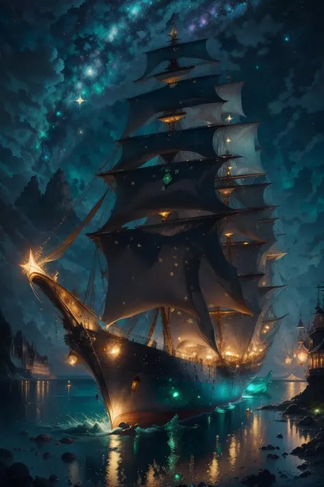 masterpiece, best quality, <lora:emerald-gem-style-darquelilly-v2:1> emeraldgemstyle , no humans, glowing, fantasy, starry sky, architecture, water, ocean, sea, (ship)