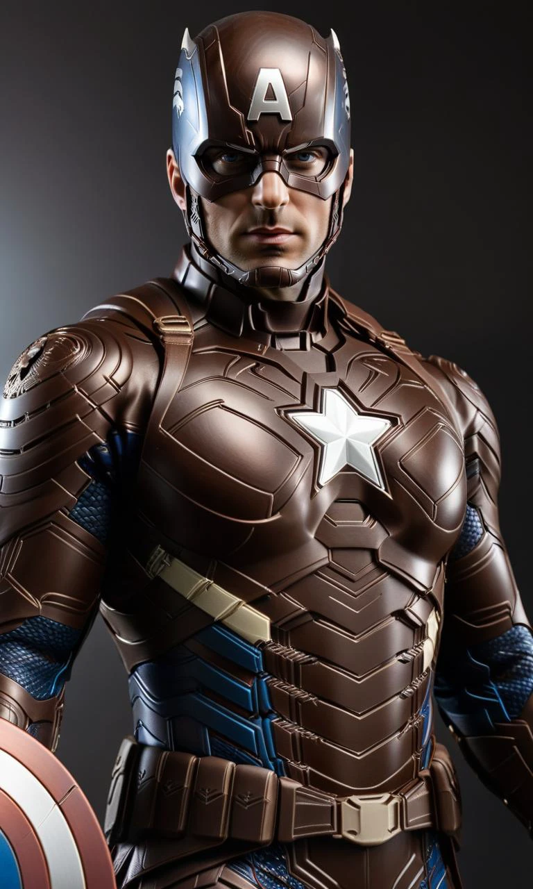 chocolate_dreams, a detailed and intricate image of captain america in chocolate armor, with white chocolate accents,, expressive, sharp focus, cinematic, highly detailed, intricate, beautiful, delicate, illuminated glowing light, striking, firm, epic composition, clear, brilliant, complex, amazing, elegant, colorful, shiny, wonderful, symmetry, flowing, pretty, attractive, coherent, perfect <lora:chocolate_dreams:1> (masterpiece:1.4)