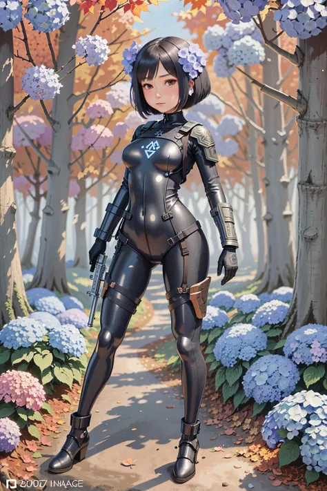 (masterpiece), (best_quality), (ultra-detailed), (illustration), (welcoming), 1girl, (tank hydrangea rune mage weaponsmith:1.3), (in an flowery, silent autumn forest:1.3), scenery, (full body:1.4), thigh gap, light black hair, short hair,bob cut, , [:skimpy costume design:0.2], , (small breasts:1.5), wide hips, slim hourglass figure,skindentation, ((bodysuit:1.3):1.2), , official art, vivid color, finely detailed, hyper detailed, 8k, high resolution illustration, absurdres, intricate detail, (happy, (smile:0.4), (blush:1.3):0.8)<lora:GoodHands-beta2:1.3><lora:EnvyCuteMix02:2>