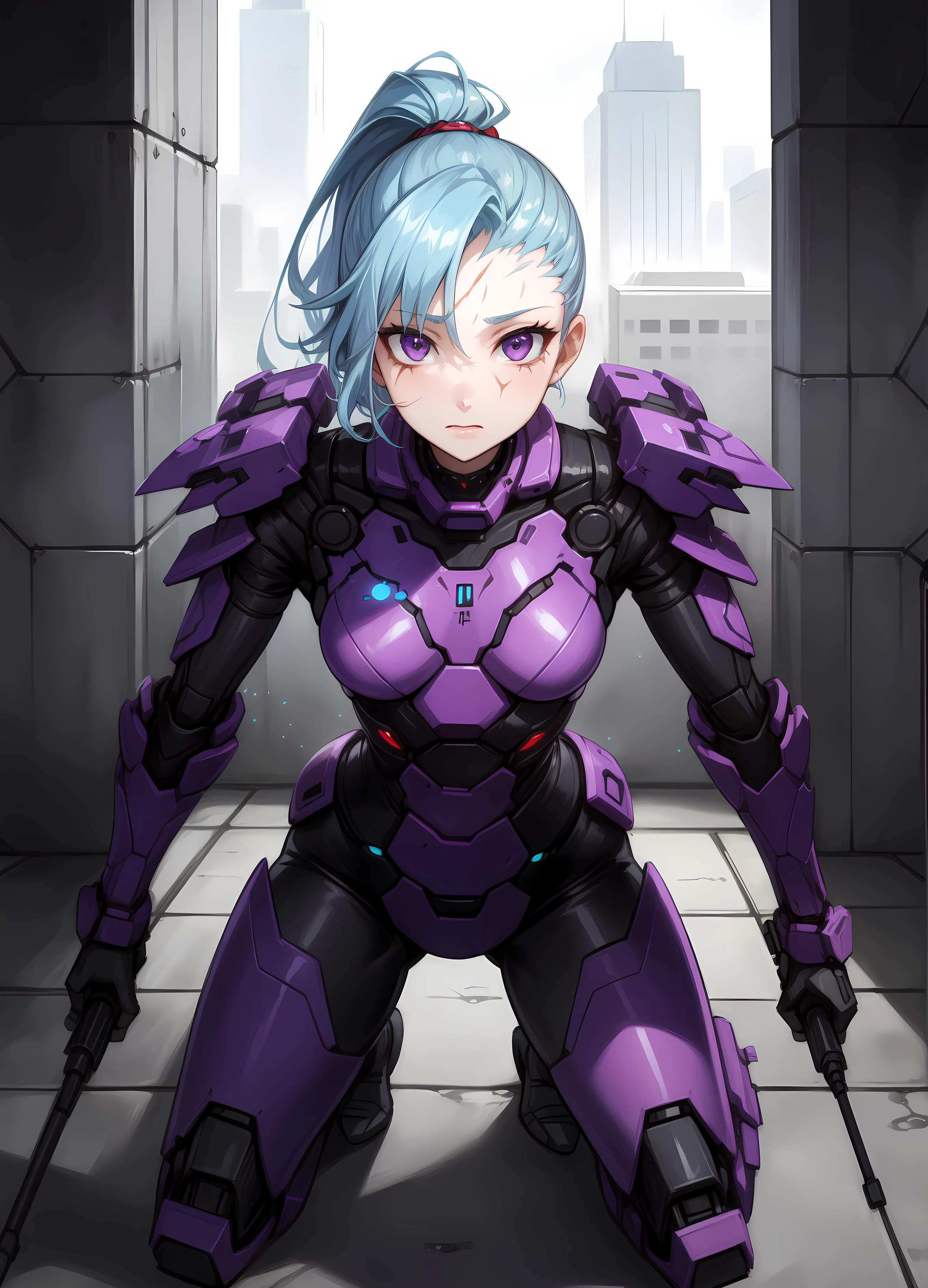 beautiful, (masterpiece), best quality, (extremely detailed face), extremely detailed eyes, perfect lighting, detailed, deep skin, textured skin, <lora:oil2.0_2-512-64:0.5> <lora:add_detail:0.4>, futurist soldier, futurist armor, cute girl, tatoo, scars, short light blue hair, ponytail, purple eyes, exoskeleton, laser weapons, crouching behind a wall, futuristic war, <lora:raita:0.3>