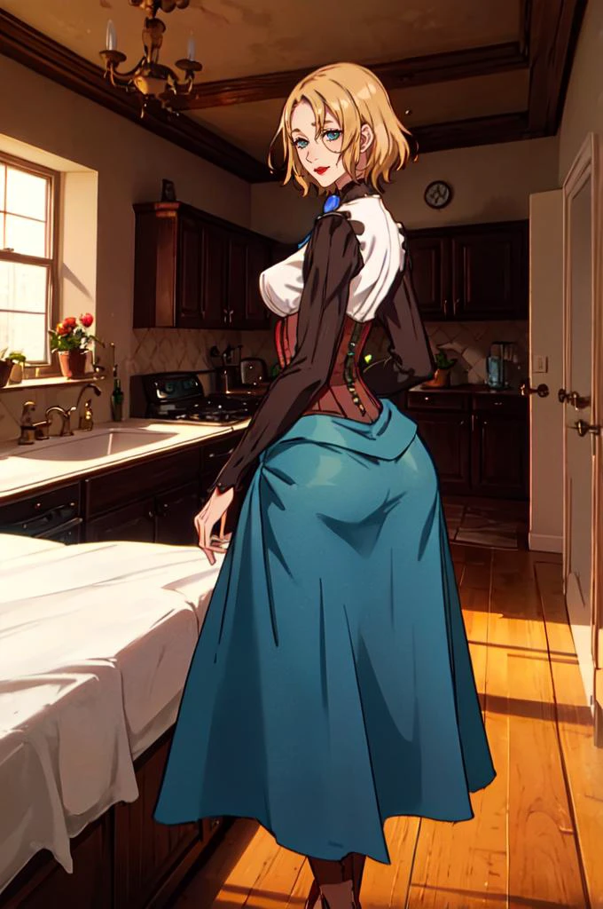 solo, seductive smile, come hither, looking back, <lora:CastlevaniaTera-v1:0.6> ChopioTera, green eyes, blonde hair, medium hair, lipstick, red lips, mature female, medium breasts, || outfit_1, black dress, brooch, gem, long sleeves, brown corset, underbust, blue skirt, bustle skirt, brown footwear, high heel boots, <lora:raita:1> honjou raita,, absurdres, ultra detailed, masterpiece, best quality, aesthetic, detailed,