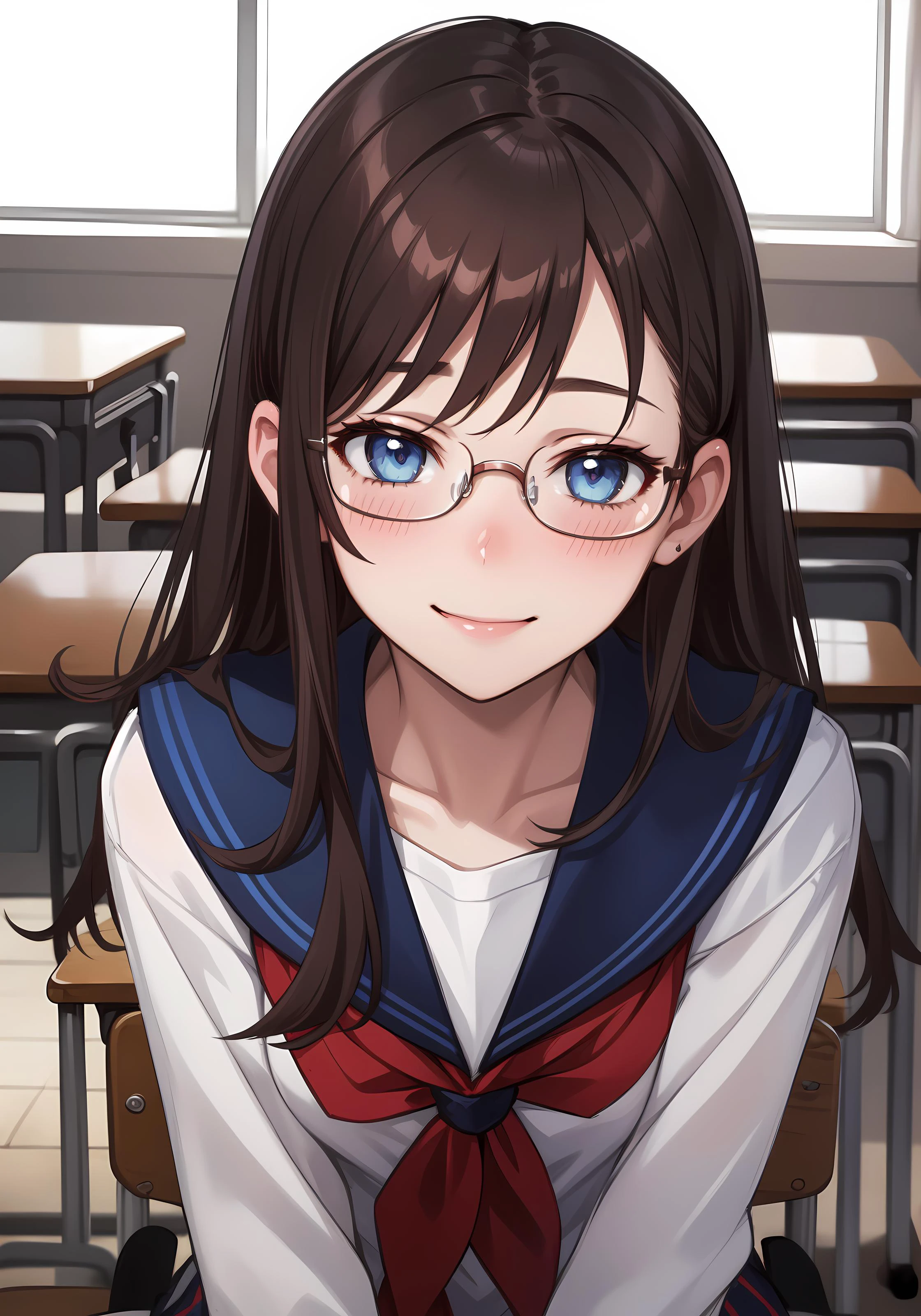 beautiful, (masterpiece), best quality, (extremely detailed face), extremely detailed eyes, perfect lighting, detailed, deep skin, textured skin, <lora:oil2.0_2-512-64:0.5> <lora:add_detail:0.4>, messy hair, cute girl, brown hair, blue eyes, school uniform, smiling, blushing, hand in hair, glasses,shy, sitting at her desk, in a classroom, <lora:raita:0.5>