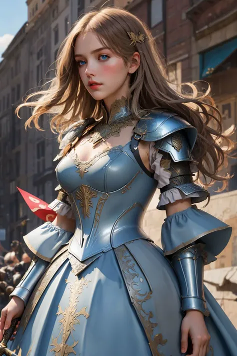 best quality, masterpiece, highly detailed, ultra-detailed, 1girl, armored_dress, armored dress, blue eyes,
<lora:armored_dress:0.75:clothes>, Long blonde hair, blue armor, Look into the distance, Sword in hand,