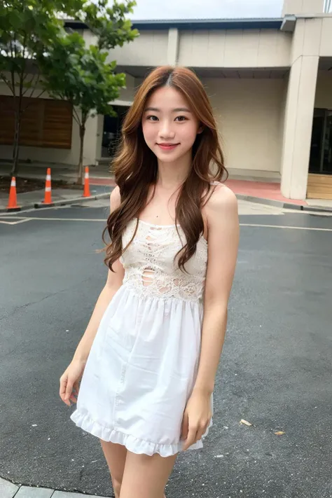 (best quality:1.4), (ultra highres:1.2), (photorealistic:1.4), (8k, RAW photo:1.2),(portrait shot:1.3), ppimpimx, 1girl, solo, long hair, looking at viewer, smile, brown hair, brown eyes, dress, outdoors, <lora:ppimpimx-06:0.6>