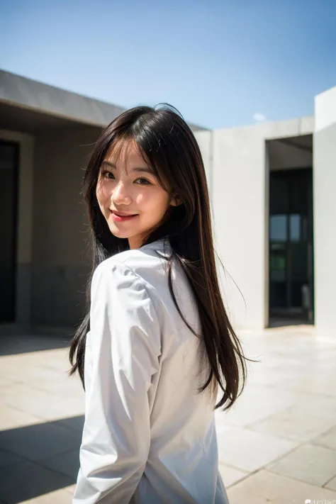 (best quality:1.4), (ultra highres:1.2), (photorealistic:1.4), (8k, RAW photo:1.2),(portrait shot:1.3), ppimpimx, 1girl, solo, long hair, looking at viewer, smile, black hair, brown eyes, white business suit,<lora:ppimpimx-06:0.6>