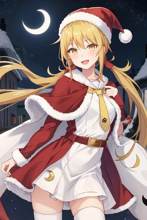 best quality, masterpiece, highres, solo, {satsuki_kantaicollection:1.15}, blonde_hair, long_hair, twintails, yellow_eyes, low_twintails, serafuku, smile, crescent, crescent_pin, open_mouth, necktie, 1girl, alternate_costume, fur-trimmed_headwear, fur_trim, hat, looking_at_viewer, sack, santa_costume, santa_hat, capelet, christmas, dress, fur-trimmed_capelet, night, red_capelet, red_dress, red_headwear, crescent_moon, fur-trimmed_dress, long_sleeves, moon, night_sky, sky