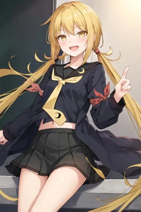 best quality, masterpiece, highres, solo, {satsuki_kantaicollection:1.15}, blonde_hair, long_hair, twintails, yellow_eyes, low_twintails, serafuku, smile, crescent, crescent_pin, open_mouth, necktie, 1girl, black_serafuku, blush, long_sleeves, looking_at_viewer, school_uniform, :d, black_skirt, skirt, white_necktie