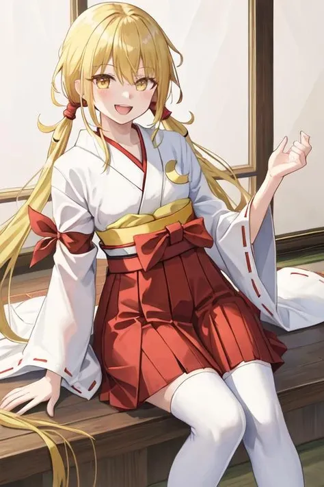 best quality, masterpiece, highres, solo, {white kimono:1.35}, {red hakama:1.35}, {wide sleeves:1.20}, {satsuki_kantaicollection:1.15}, blonde_hair, long_hair, twintails, yellow_eyes, low_twintails, serafuku, smile, crescent, crescent_pin, open_mouth, necktie