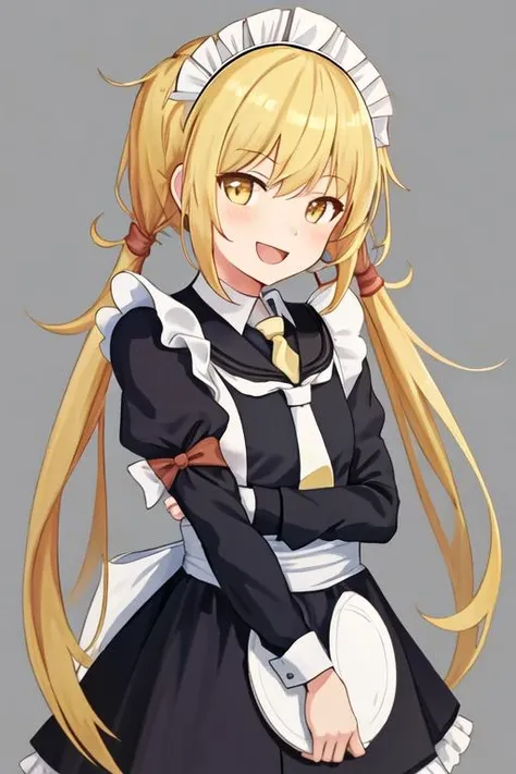 best quality, masterpiece, highres, solo, {maid:1.40}, {long maid dress:1.15}, {satsuki_kantaicollection:1.15}, blonde_hair, long_hair, twintails, yellow_eyes, low_twintails, serafuku, smile, crescent, crescent_pin, open_mouth, necktie
