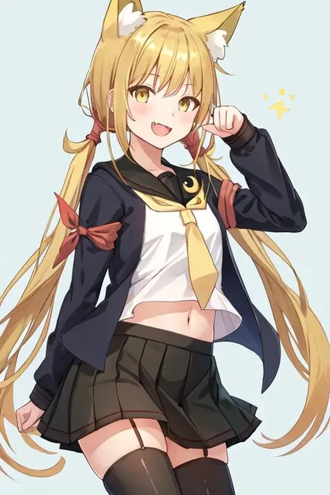 best quality, masterpiece, highres, solo, {satsuki_kantaicollection:1.15}, blonde_hair, long_hair, twintails, yellow_eyes, low_twintails, serafuku, smile, crescent, crescent_pin, open_mouth, necktie, 1girl, animal_ears, black_skirt, blue_jacket, fang, jacket, kemonomimi_mode, long_sleeves, looking_at_viewer, neckerchief, sailor_collar, school_uniform, skirt, cat_ears, yellow_neckerchief, black_sailor_collar, black_thighhighs, paw_pose, pleated_skirt, thighhighs, fox_ears