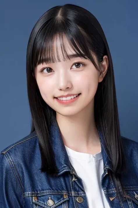best quality,masterpiece,(simple background:1.4),(dodgerblue background:1.5),1girl,solo,fair skin,8k,ultra high res,ultra detailed,best quality,(upper body:1.3),(looking at viewer:1.2),((perfect lighting)),(bright lighting),ultra high quality,ultra high res,(photorealistic),perfect anatomy,(bangs),(long hair),black hair,(flat chest:1.1),(((narrow waist))),<lora:ioki_v01-000009:1>,ioki,((blunt bangs)),(denim jacket),smile,teeth,(portrait:1.2),