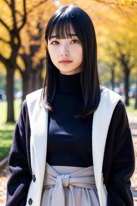 (best quality,masterpiece:1.2),1girl,solo,fair skin,8k,ultra high res,ultra detailed,best quality,(((((upper body))))),(((looking at viewer))),((perfect lighting)),(bright lighting),ultra high quality,ultra high res,(photorealistic),perfect anatomy,(bangs),(long hair),black hair,(((flat chest))),17yo girl,((front face)),(face to face),(((narrow waist))),ioki,((blunt bangs)),<lora:ioki_v01:0.8>,((long sleeves)),autumn,((large sized fur coat)),walking in park,long skirt,((turtleneck sweater)),