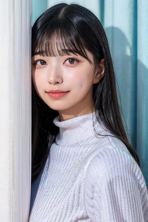 (best quality,masterpiece:1.2),1girl,solo,fair skin,8k,ultra high res,ultra detailed,best quality,(((looking at viewer))),((perfect lighting)),(bright lighting),ultra high quality,ultra high res,(photorealistic),perfect anatomy,(bangs),(long hair),small breasts,(flat chest),18yo girl,((front face)),(face to face),<lora:ioki_v01>,ioki,((blunt bangs)),smile,indoors,white curtain,shorts,early morning,backlight,((pale blue long sleeved  high neck rib knit dress)),