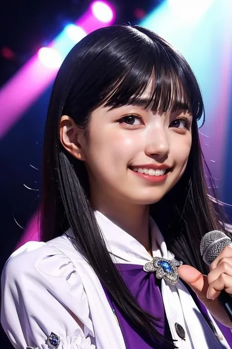 (best quality,masterpiece:1.2),1girl,solo,fair skin,8k,ultra high res,ultra detailed,best quality,(((looking at viewer))),((perfect lighting)),(bright lighting),ultra high quality,ultra high res,(photorealistic),perfect anatomy,(bangs),(long hair),black hair,(((flat chest))), girl,((front face)),(face to face),(((narrow waist))),ioki,((blunt bangs)),smile,teeth,puffy sleeves,((white idol dress)),purple stage lights,(((concert stage))),<lora:ioki_v01:1>,