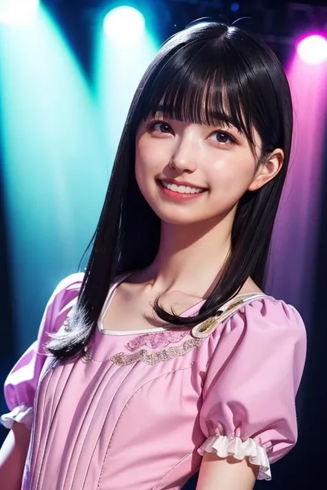 (best quality,masterpiece:1.2),1girl,solo,fair skin,8k,ultra high res,ultra detailed,best quality,(((looking at viewer))),((perfect lighting)),(bright lighting),ultra high quality,ultra high res,(photorealistic),perfect anatomy,(bangs),(long hair),black hair,(((flat chest))), girl,((front face)),(face to face),(((narrow waist))),ioki,((blunt bangs)),smile,teeth,puffy sleeves,((pink idol mini dress)),purple stage lights,(((concert stage))),<lora:ioki_v01:1>,