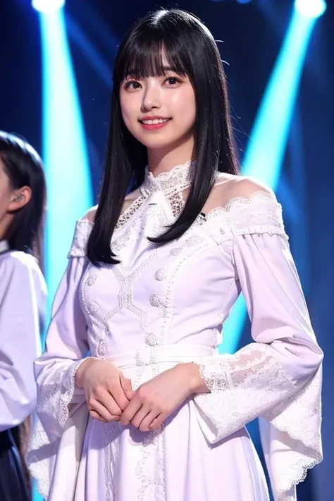 (best quality,masterpiece:1.2),1girl,solo,fair skin,8k,ultra high res,ultra detailed,best quality,(((full body))),(((looking at viewer))),((perfect lighting)),(bright lighting),ultra high quality,ultra high res,(photorealistic),perfect anatomy,(bangs),(long hair),black hair,(((flat chest))),17yo girl,((front face)),(face to face),(((narrow waist))),ioki,((blunt bangs)),smile,teeth,(((concert stage))),<lora:ioki_v01:1>,((white lace long idol dress)),(lace sleeves),((long sleeves)),