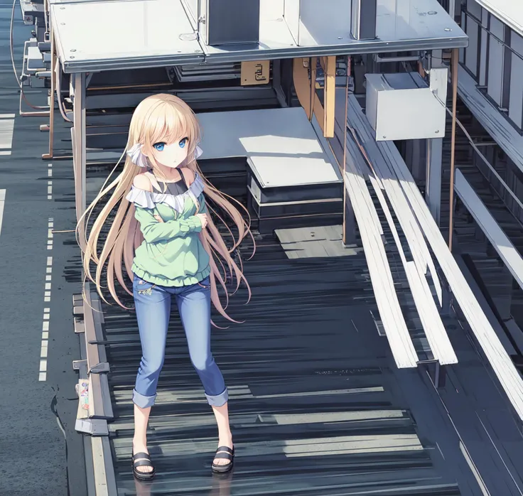 1girl, anime girl, jeans, bag, city, raim, <lora:aki:0.7>