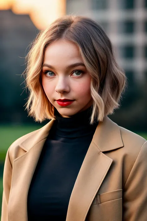 beautiful woman (Emmmyers:.99), perfect waist, closeup portrait, realistic, (detailed:1.15),(film grain, skin details, 4k:1), skeptical, Dappled Light, analog style (look at the viewer), (skin texture), (film grain), (hyper-realistic texture skin:1.3), cinematic light, sidelighting, ultra high res, best shadow, RAW, beautiful hair, designer jacket, fashionable skirt, turtleneck shirt, winter city park, professional model photoshoot, hdr, sunset, (red lips)