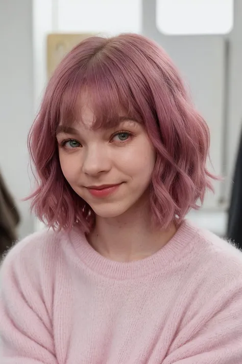 close up photo of Emmmyers, oversized fuzzy cute sweater, pink hair, bobcut, bangs, happy, smiling, wolf plushie