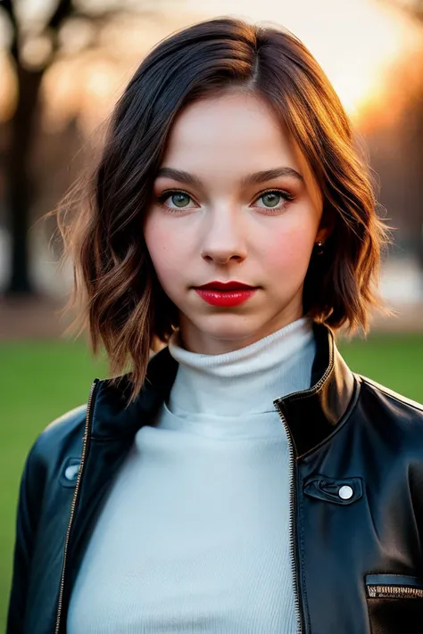 beautiful woman ( Emmmyers:.99), perfect waist, closeup portrait, realistic, (detailed:1.15),(film grain, skin details, 4k:1), angry, Dappled Light, analog style (look at the viewer), (skin texture), (film grain), (hyper-realistic texture skin:1.3), cinematic light, sidelighting, ultra high res, best shadow, RAW, beautiful hair, designer jacket, fashionable skirt, turtleneck shirt, winter city park, professional model photoshoot, hdr, sunset, (red lips)