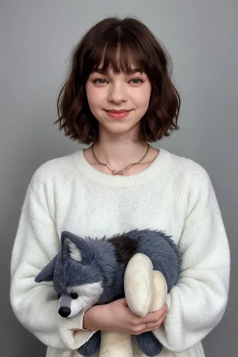 close up photo of  18yo Emmmyers, oversized fuzzy cute sweater, hair, bobcut, bangs, happy, smiling, (wolf plushie:1.2)