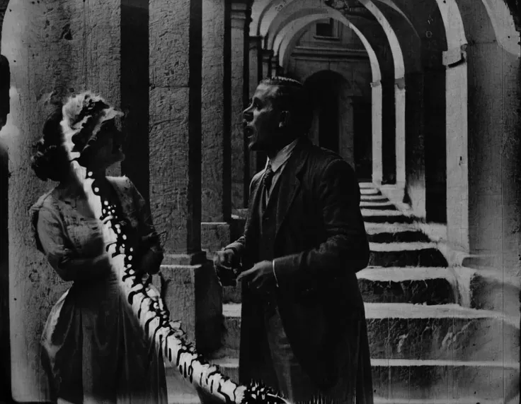 <lora:fdec:0.8>fdec man and woman standing on collonade 
photograph from 1920s