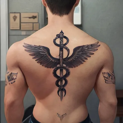 <lora:Caduceus:0.6> ,Caduceus tattoo, face, male, back,