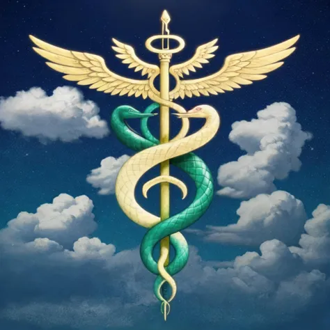 color,(Caduceus:1.2), symbol, mystic, symbol in the air, celestial, sky, clouds, two snakes entwined in the staff, <lora:Caduceus:0.5>