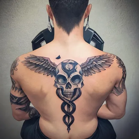 <lora:Caduceus:0.6> ,Caduceus tatto, dark tatto, skull on top tatto, face, male, back,