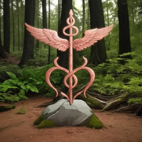 color,(Caduceus:1.2), symbol, mystic, symbol in the air, staking out land, forest, stone, stuck in the ground, <lora:Caduceus:0.5>