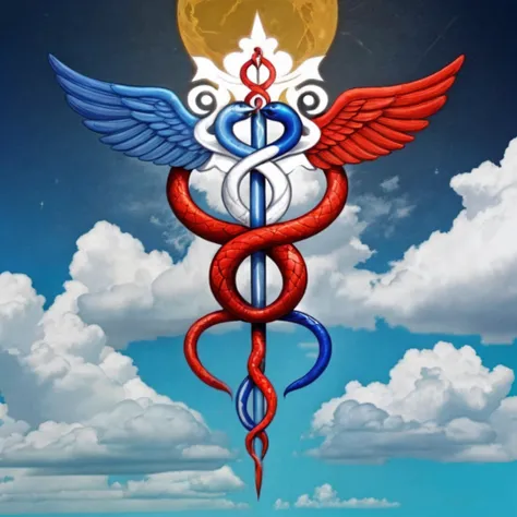 color,(Caduceus:1.2), symbol, mystic, symbol in the air, celestial, sky, clouds, two snakes (red and blue) entwined in the staff, <lora:Caduceus:0.5>
