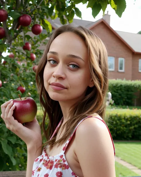f10n44p holding an apple, upper body, garden background