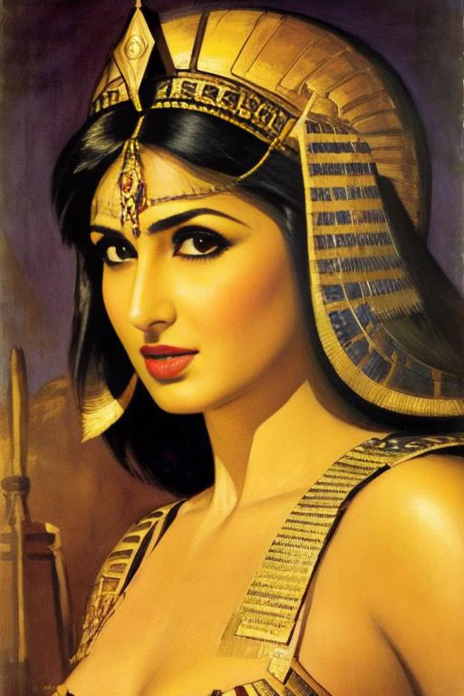 sd-pulp, spicy adventure, ktrna as Queen Cleopatra, medium long portrait, wearing crown, egyptian crown, style of George Bellows, Style-Hamunaptra, movie poster <lora:more_details:0.2> <lora:KatrinaDogu:1>