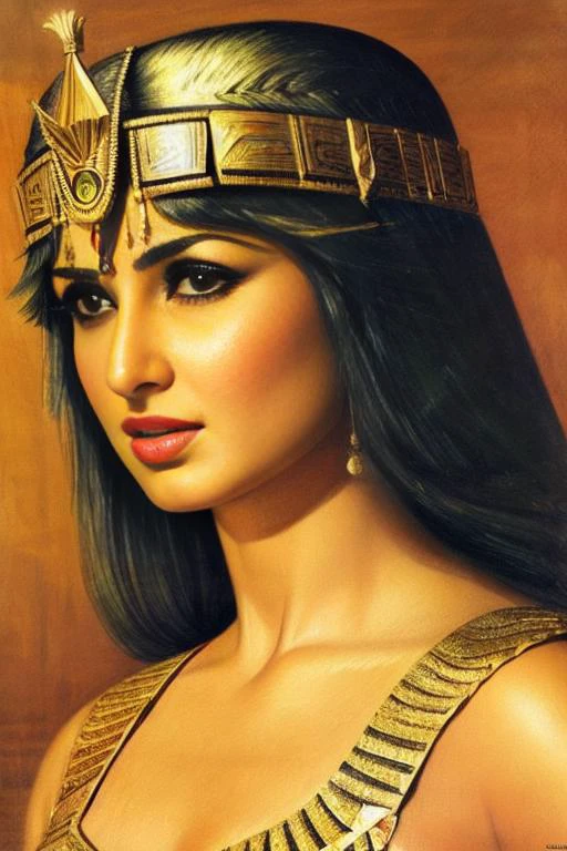 sd-pulp of ktrna as Queen Cleopatra, medium close up, wearing crown, egyptian crown, high quality illustration, Style-Hamunaptra, movie poster <lora:KatrinaDogu:0.99> <lora:more_details:0.5>