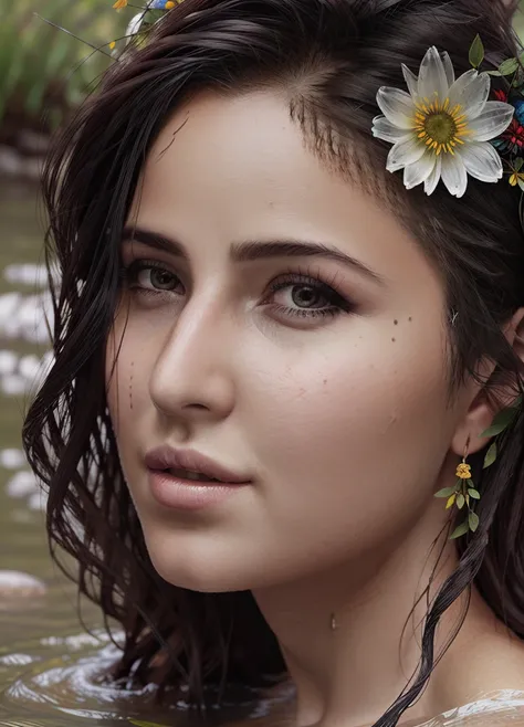 portrait of a cute woman, she is standing waist-deep in the river, a wet translucent nightgown, a wreath of wild flowers floats along the river, a beautiful sweet face, a shy smile, reeds, (backlighting), realistic, masterpiece, highest quality, lens flare, shade, bloom, [[chromatic aberration]], by Jeremy Lipking, by Antonio J. Manzanedo, digital painting