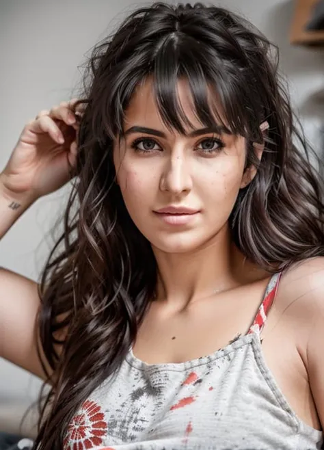 RAW photo, 24 year old woman wearing casual clothing, messy hair, slim body, at home, shallow depth of field, (high detailed skin:1.2), 8k uhd, dslr, soft lighting, high quality, film grain, 20mp, Fujifilm XT3, 80mm, hasselblad