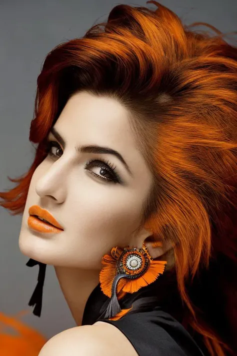 analog style, modelshoot style, portrait of ktrna woman <lora:KatrinaDogu:1> by Flora Borsi, style by Flora Borsi, bold, bright colours, orange Mohawk haircut, ((Flora Borsi)),